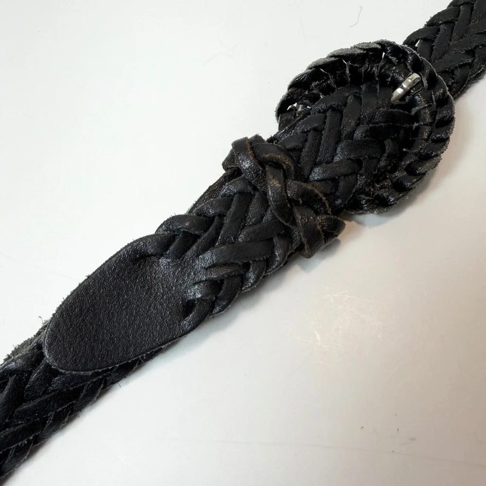 Black Genuine Leather Woven Braided Skinny Belt Size M/L Up to 40